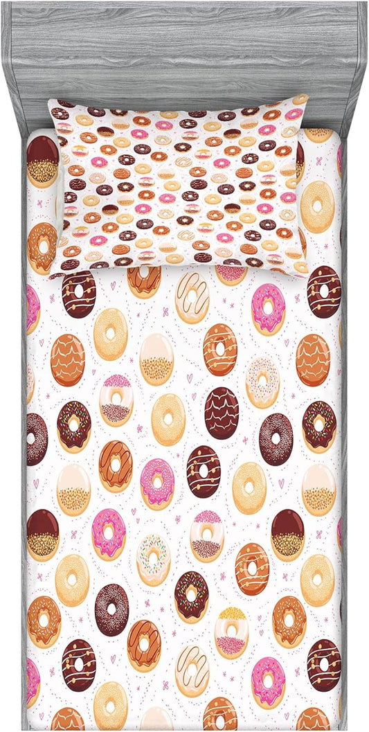 Ambesonne Food Fitted Sheet & Pillow Sham Set, Donuts and Little Hearts Pattern Colorful Yummy Delicious Desserts Print, Decorative Printed 2 Piece Bedding Decor Set, Twin, Pink Brown