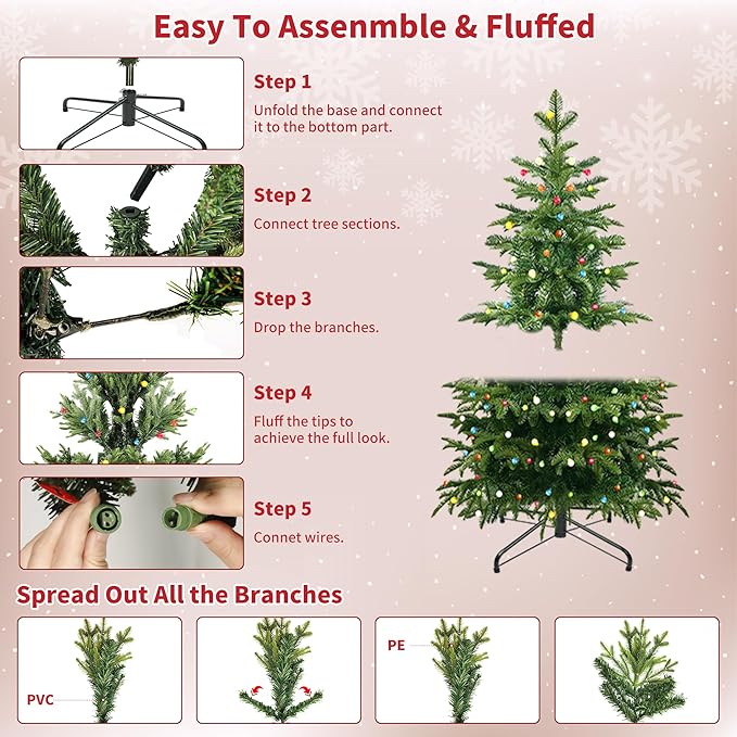 4Ft Prelit Artificial Christmas Tree, Lighted Aspen Fir Christmas Tree with Multicolor Global Lights and Metal Stand, Slim PE & PVC Mixed Layered Xmas Tree for Holiday Home Decor