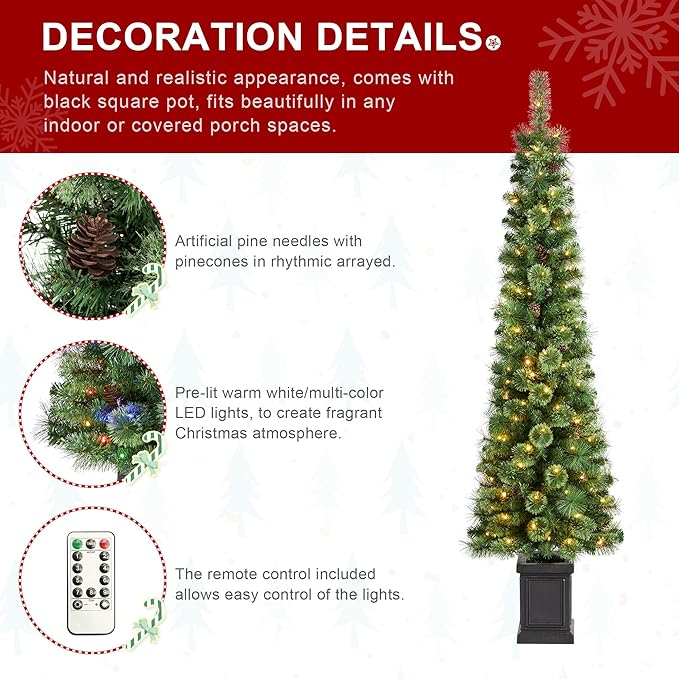 Glitzhome 6ft Prelit Artificial Christmas Tree, Green Cashmere Pine Christmas Porch Tree with pinecones,272 Pine&PVC Branch Tips,130 Warm White/Multi-Color Lights,9 Function w/Remote Control