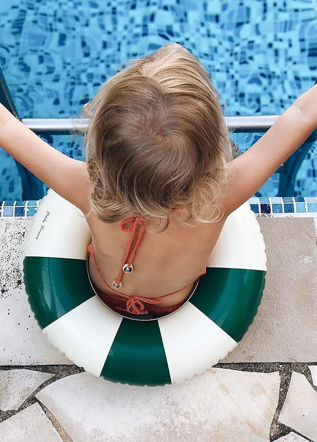 Petites-Pommes Inner Tubes for Pool for Kids & Toddlers - Durable Floats for Kids, Handprinted Classic Striped Design Beach Float, Soft Comfort Seaming, Packable Floats for Travel, Dark Green, 24 inch