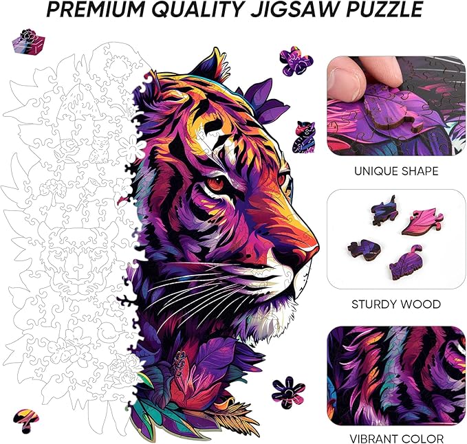 Original Wooden Jigsaw Puzzles-Tiger,200pcs,10x12.6in,Medium,Wooden Puzzles for Adults,Unique Shape Animal Adult Puzzles,Irregular Wood Puzzles Best Gift for Adults and Kids Family Game