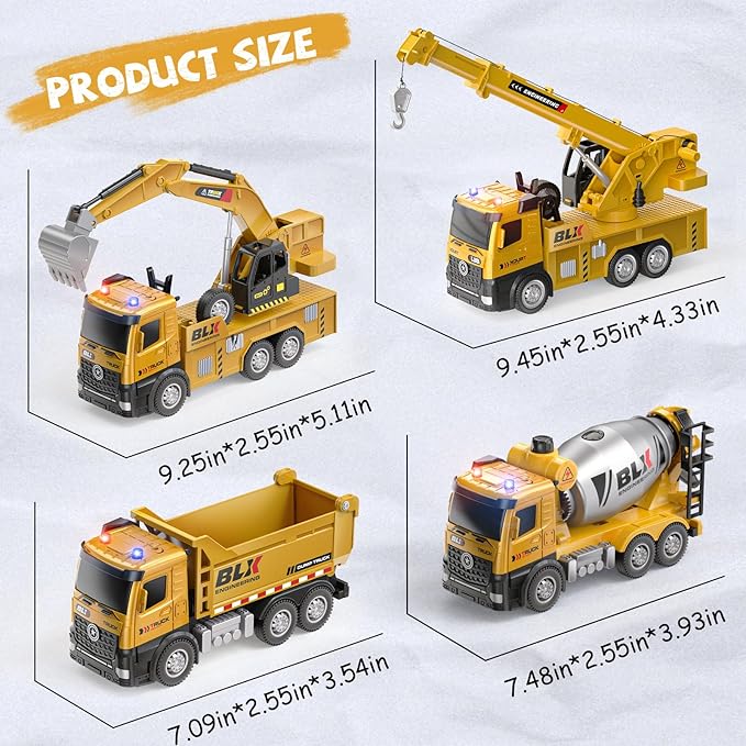 4 Pcs Alloy Construction Truck Toys For 2 3 4 5 Year Old Boys, 9" Construction Vehicles With Light & Sound, Include Excavator, Crane, Dump and Mixer, Ideas 2 3 4 5 Year Old Boy Birthday Gifts