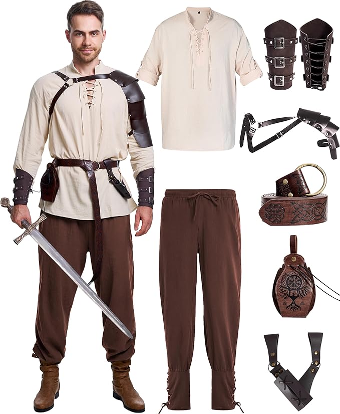 8 Pcs Men's Renaissance Costume Halloween Medieval Pirate Shirt Pant Viking Costume Accessories Set