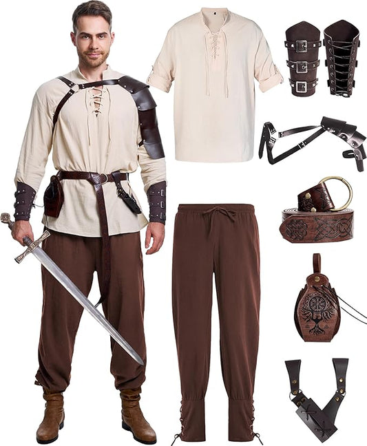 8 Pcs Men's Renaissance Costume Halloween Medieval Pirate Shirt Pant Viking Costume Accessories Set