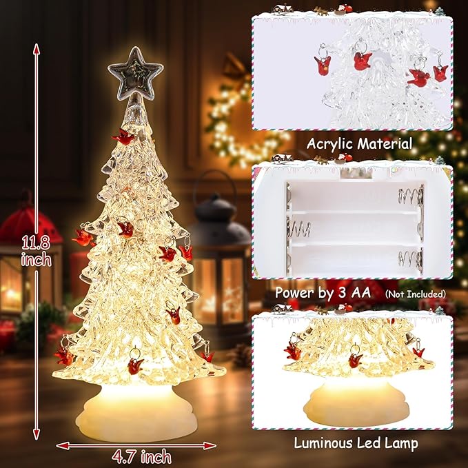 Acrylic Christmas Tree Table Decor, Light up LED Cardinal Christmas Tree Snow Globe with Swirling Glitte, Warm Lights Holiday Party Mantel Decorations Gifts for Family & Cardinal Lovers