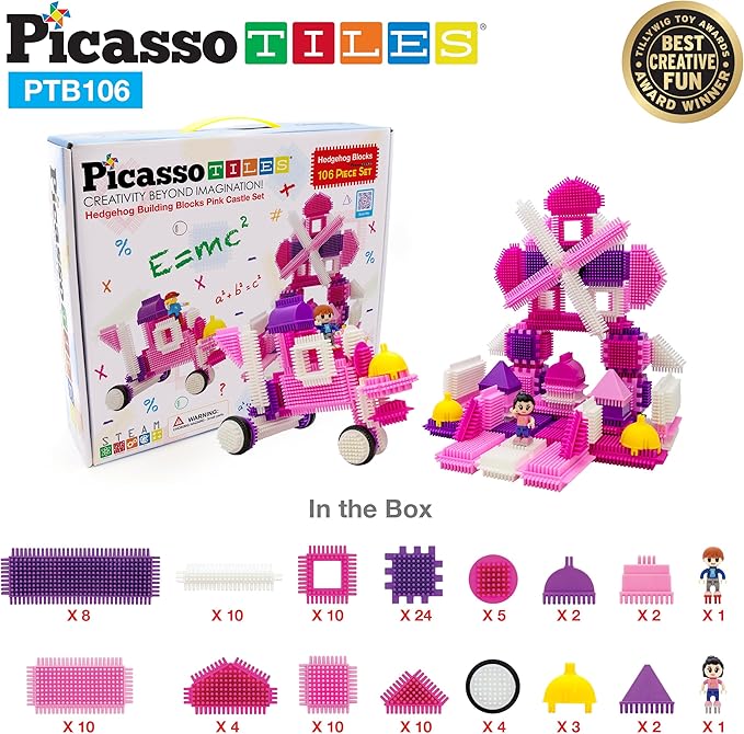 PicassoTiles PTB106 106pcs Hedgehog Lock Building Blocks Tiles Pink Castle Theme Set w/Human Figures Learning Playset STEM Toy Set Educational Kit Child Brain Development Preschool Kindergarten Toy
