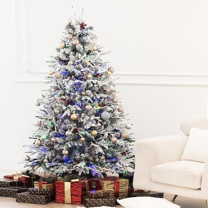 6FT Artificial Christmas Tree with 300 Multi-Colored String Lights with 11 Modes, Prelit Christmas Tree with Red Berry, Xmas Tree with Foldable Stand Christmas Decorations Decor