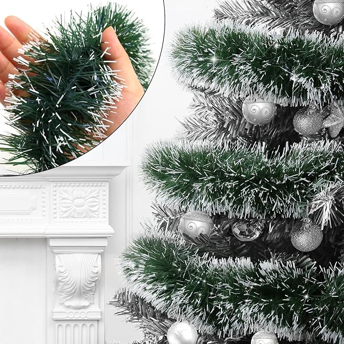 50FT Green Christmas Tinsel Garland Decorations to Christmas Tree, Thick and Thin Metallic Streamers Foil Tinsel Twist Garland Decor Home Indoor Outdoor Party Supplies
