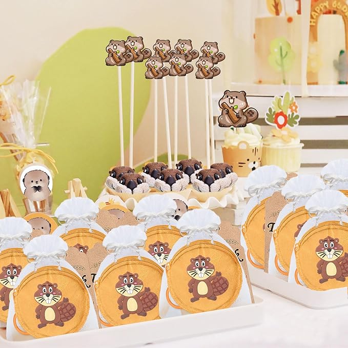 36 Pack Beaver Change Purses Set Include 12 Wallets with Keyring, 12 Thank You Tags and 12 Organza Bags for Safari, Jungle Baby Shower,Wild ONE First Birthday, Castor Decoration,Khaki