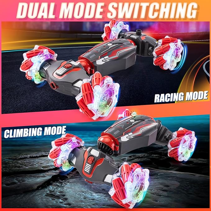 4WD Stunt Car, 2.4 GHz Gesture Sensor RC Cars, Double-Sided Vehicle 360° Flip RC Twist Buggy with Music Spray - Best Christmas and Birthday Present for Boys and Girls Aged 6-12 (Red)