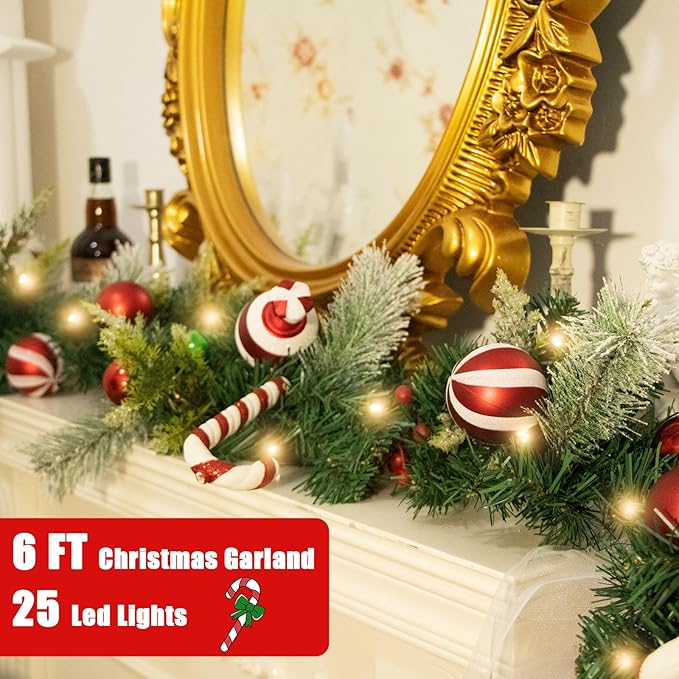 Christmas Garland Lighted Indoor Outdoor Decorations Artificial Christmas Garlands with Light Mantel Candy Cane for Door Porch Holiday Party Outdoor Indoor Xmas Decor 6FT