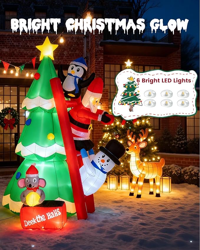 6FT Inflatable Christmas Tree with LED Lights, Blow Up Christmas with Penguin Snowman Santa and Mouse Outdoor Yard and Indoor Holiday Decor for Patio Garden Lawn