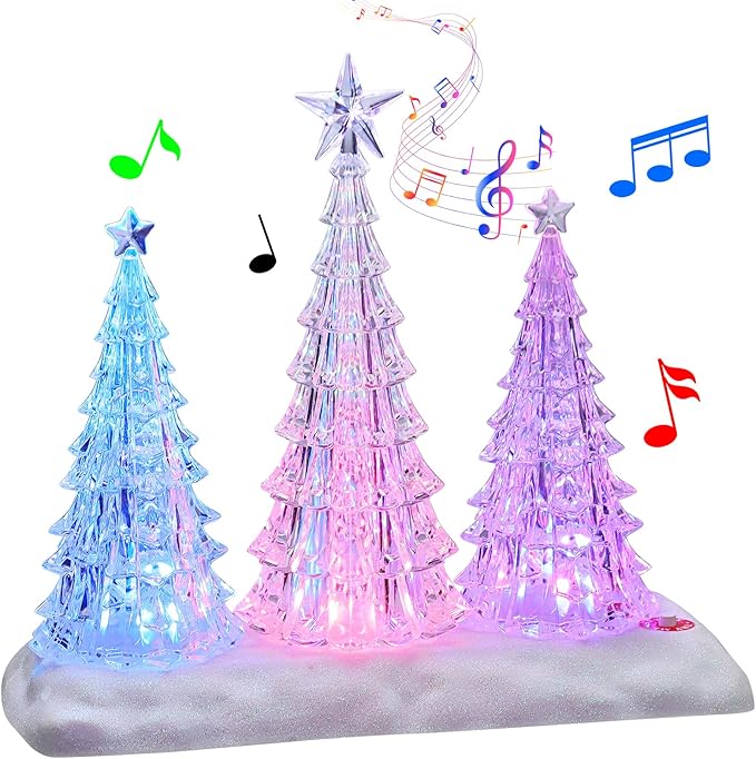 Tabletop Christmas Tree with Light and Music - Battery Operated Crystal Clear Acrylic Christmas Tree Light with 8 Christmas Songs for Tabletop Home Office Holiday Decorations Gift, Multi-Color