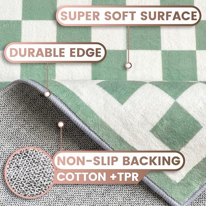 Washable 8x10 Checkered Area Rug for Living Room, Sage Green Checkerboard Modern Boho Large Rugs, Ultra Thin Low Pile Lightweight Indoor Carpet with Non-Slip Backing for Bedroom Kids Nursery Playroom