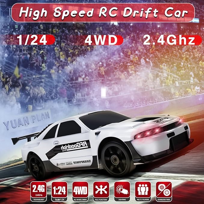 2.4GHz High Speed RC Drift Car, LED Lights, 4WD, Two Batteries Included, Drift Tires, for Kids & Adults, White