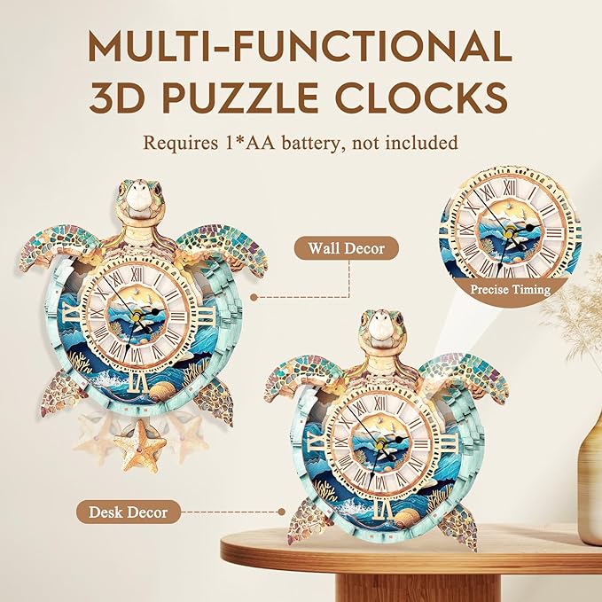 3D Puzzles for Adults Clock-Turtle Design Model Kit-Mechanical DIY Pendulum Clock with Roman Numerals-Desk Home Office Decor Personalized Gift for DIY Lovers