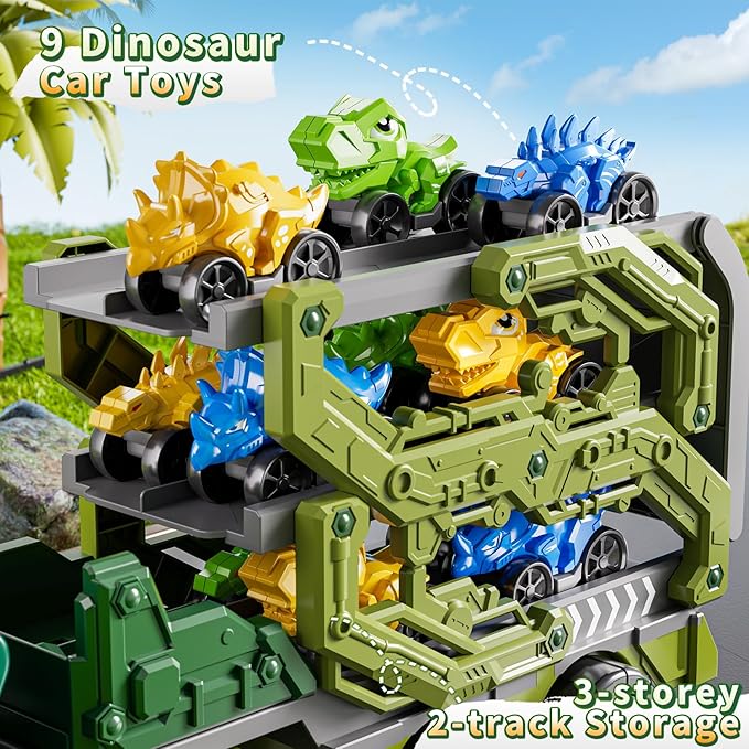 10 in 1 Dinosaur Truck Toys for Kids Aged 3-5 4-8 with Foldable Race Track, Carrier Truck with 9 Dinosaur Toy Cars for Boys, Spraying, Light and Sound, Birthday Gifts for Girls Toddlers 5-7