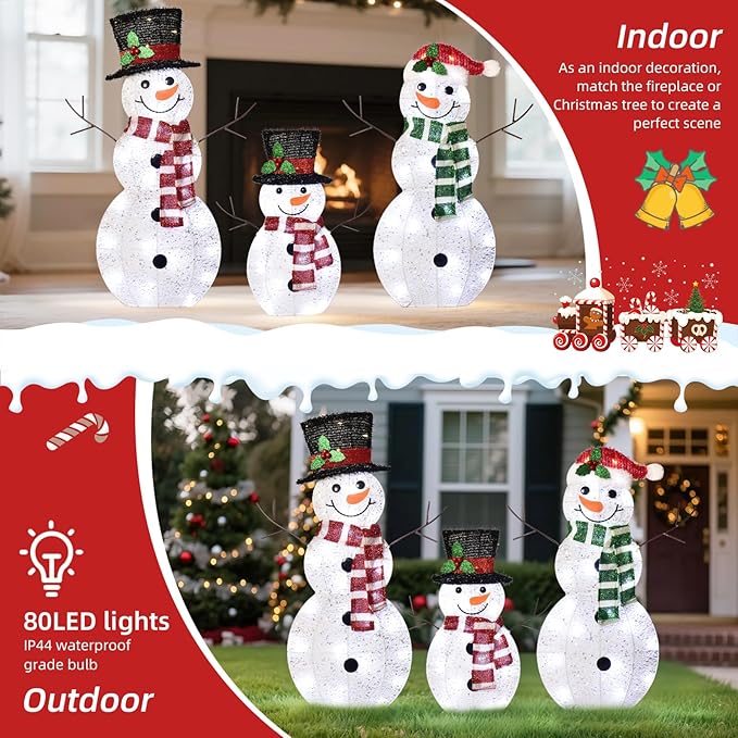 3-Piece 2D Light-Up Christmas Snowman Family Set - Large Outdoor Yard Decoration Holiday Decor with 80 LED Warm White Lights