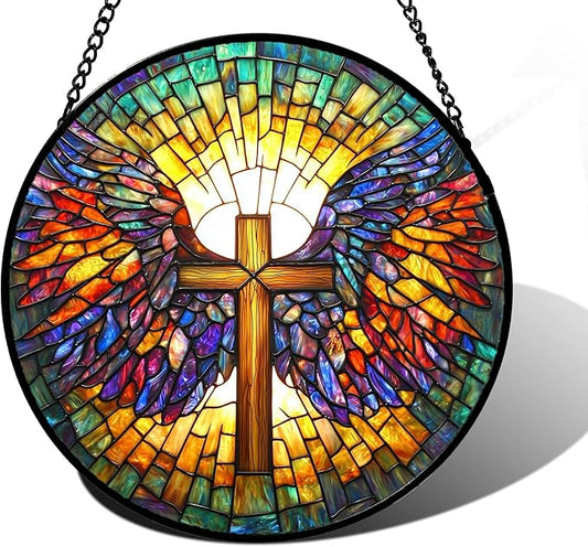 Stained Glass Window Hanging - Jesus Cross Wings Suncatcher Ready to Hang Window Doors Home Decoration and Christmas, Mother's Day Birthday Gifts for Women, Men, and Mom 9.8x9.8 in