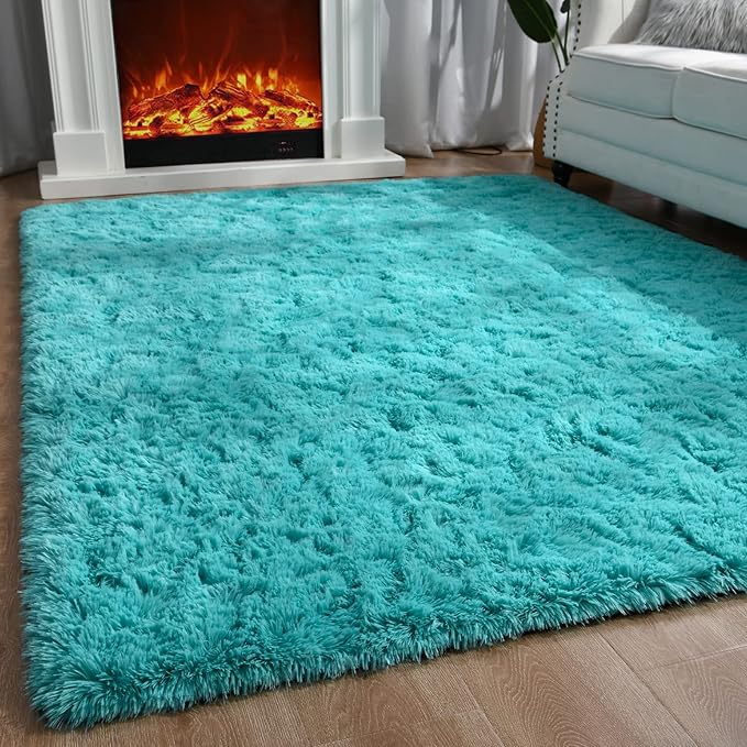 Ompaa Teal Blue 9x12 Area Rugs Large Fluffy Living Room Carpet for Bedroom Dorm, Non-Slip High Pile, Modern Big Shag Rug for Classroom Kids Playroom Nursery Home Office Decor