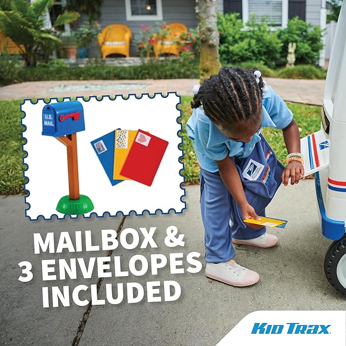 Kid Trax 6V USPS Mail Truck Ride-On Toy, Ages 3-5, Max Weight 60 lb, Includes Mailbox, Play Envelopes, Working Headlights/Horn, FM Radio/MP3 Input