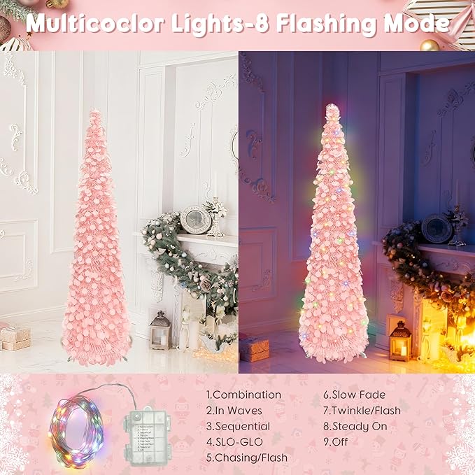 5FT Collapsible Christmas Trees with 90 Lights, Pink Artificial Sequin Pop Up Christmas Tree, Tinsel Slim Pencil Christmas Tree for Home Holiday Fireplace Party Indoor Outdoor Xmas Decorations