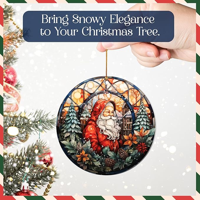 2025 Christmas Ornament – Vintage Santa Stained Glass Acrylic Ornament, Round Cathedral Window Design, Dated Navidad 2025 Decoration for Tree, Classic Holiday Santa Ornament Gift