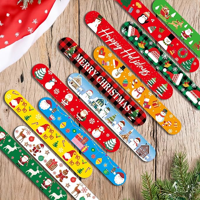 48 Pcs Christmas Slap Bracelets - 12 Styles for Party Favors, Stocking Stuffers & Decorations