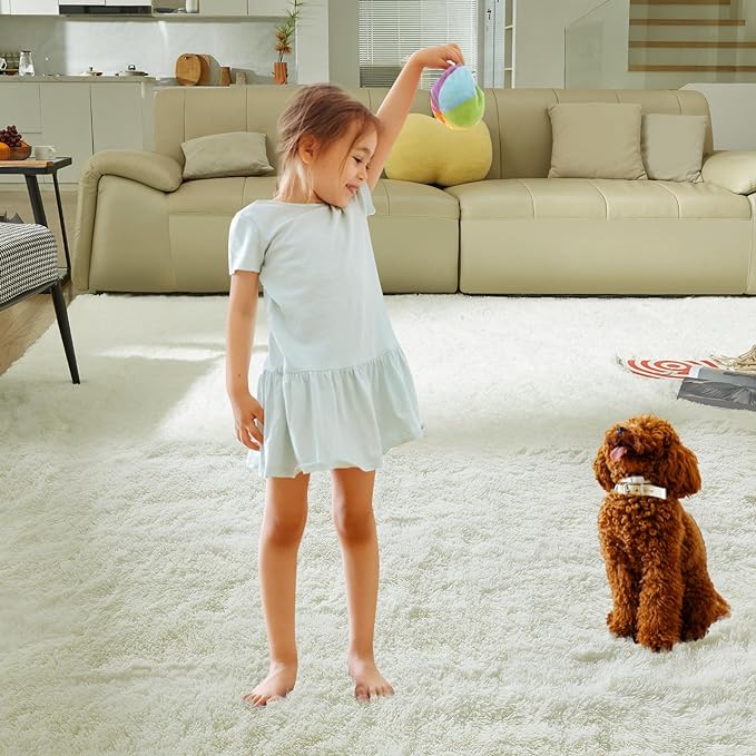 5X8 Ultra Soft Rug for Living Room, Fluffy Shag Area Rug for Bedroom, Modern Shaggy Carpets Fuzzy Rug for Teens Dorm Nursery Home Decor Aesthetic, Upgrade Anti-Skid Durable, Cream White