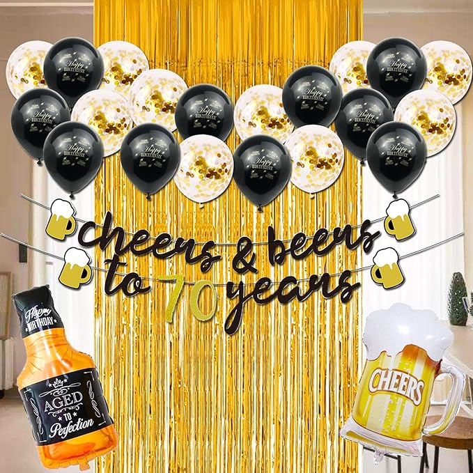 70th Birthday Decorations for Men, 70 Years Birthday Decorations with 40 Inch Gold Number Balloons, Banner, 70 Sign Latex Balloon, Fringe Curtains and Cups Foil Balloons