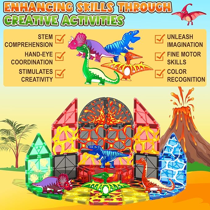 Dinosaur Toys Magnetic Tiles Lava Dinosaur World Set - Magnetic Blocks Building Toys for Kids 3-5 5-7 Girls Boys Toys Age 4-6 6-8, Classroom Must Haves Toddler Sensory Toys for 3+ Year Old Kids Toys
