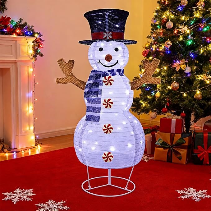 Juegoal Lighted Christmas Decorations, 3.5FT Outdoor 3D Collapsible White Snowman with Built-in LED Lights, Pre-Lit Pop Up Xmas Snowman, Light Up for Holiday New Year Winter Garden Decor