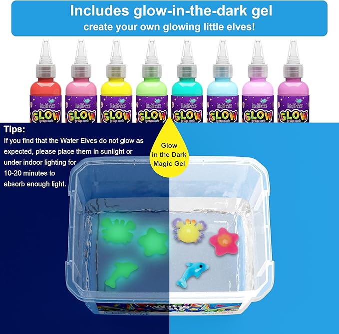 Kiditos Glow in The Dark Magic Water Elf Toy Kit,Aqua Fairy Water Gel Kit-8 Glow Gel&10 Molds-Make Your Own Water Pets&Squishy Toys–Fun Summer DIY Craft Kit,Birthday Gift&Party Favors for Kids Ages 3+