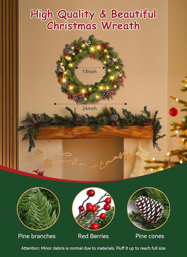 Brightown 24 Inch Pre-Lit Artificial Christmas Wreaths for Front Door,Christmas Decorations Indoor with Pine Cones & Berry Clusters, Christmas Wreath with 50 Lights for Fireplace Wall Window, Plug-in
