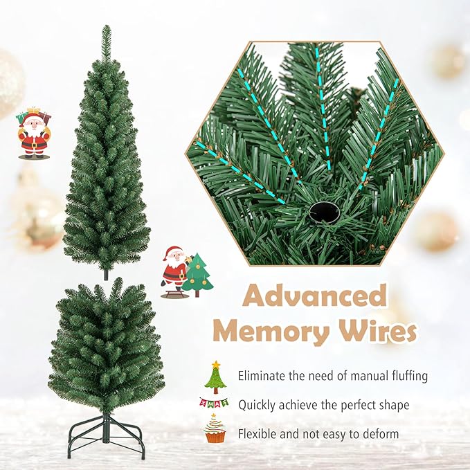 GOFLAME 5FT Prelit Pencil Christmas Tree, Slim Artificial Xmas Tree with 295 Memory Wire Branch Tips, 110 Warm White LED Lights & Upgraded Metal Stand, Seasonal Holiday Decoration Tree for Home Party