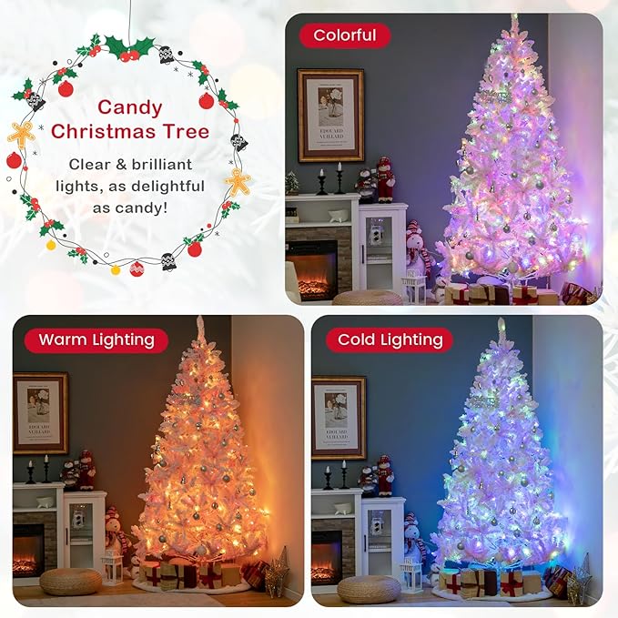 GOFLAME 7FT Pre-Lit Artificial Christmas Tree Snow Flocked, Hinged Xmas Tree with 1200 PVC Branch Tips, 500 LED Lights & 8 Lighting Modes, Holiday Decoration Tree for Home, Office, Party, Pink
