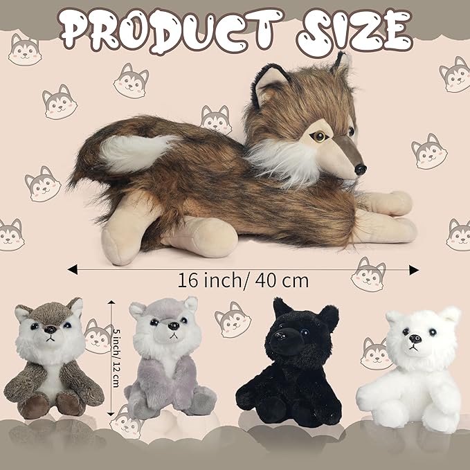 5 Pcs Wolf Stuffed Animal Plush Set 16 Inch Mommy Stuffed Wolf Plush with 4 Baby Wolves in Zipper Pouch, Soft Wolf Plushies for Kids Boys Girls Birthday Party Decoration