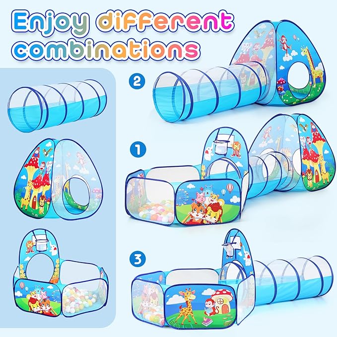 3pc Kids Play Tent with Play Tunnel and Ball Pit, Toddler Tent for Girls and Boys Indoor Playhouse, Gift Toys for Babies (Balls NOT Included)