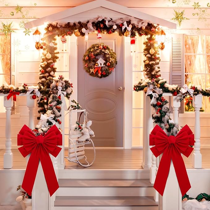MEWTOGO 2 Pcs Large Christmas Red Wreath Bows - 23.6×15.7 in Velvet Red Bows with Golden Tie, Easy Hanging for Window Stairs Outdoor Porch Christmas Decoration Gifts Indoor Party Supplies