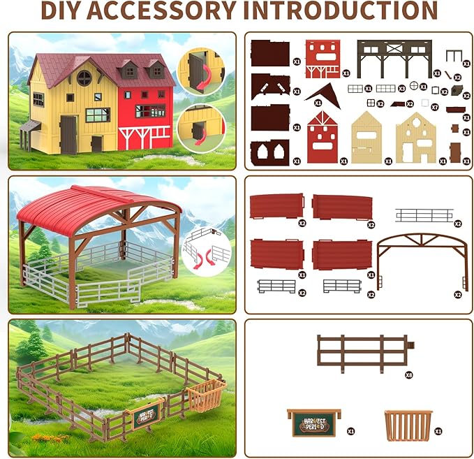 Barn Farm Animal Toys for Kids,Tractor Trailer with Lights & Sound, Farm Barn Playset Horse Stable,Farm Accessories, Pig,Sheep,Goose Duck Birthday Gifts for Kids Toddlers Boy Girl 3-7 Years Old