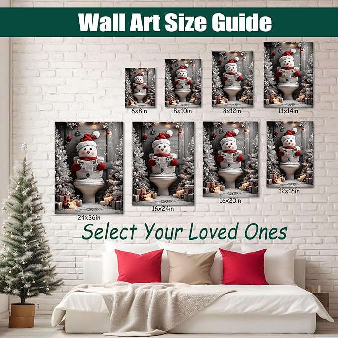 AbcCustomize Funny Snowman Christmas Canvas Wall Art, Snowman Reading on Toilet Canvas Prints, Quirky Bathroom Picture for Humorous Christmas Decorations, Holiday Gifts and Winter Decor