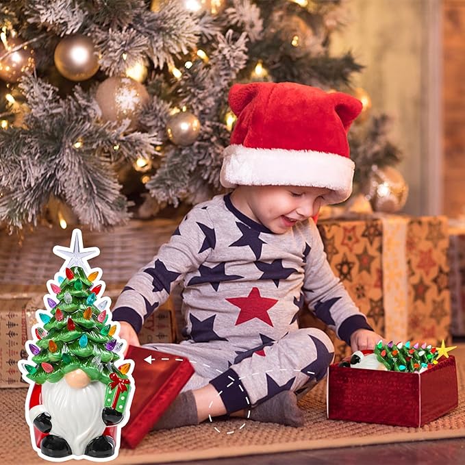 Small Ceramic Christmas Tree Hand-Painted Vintage Tabletop Christmas Tree Holiday Decoration with Multi-Color Lights Green Gnome 11 inch