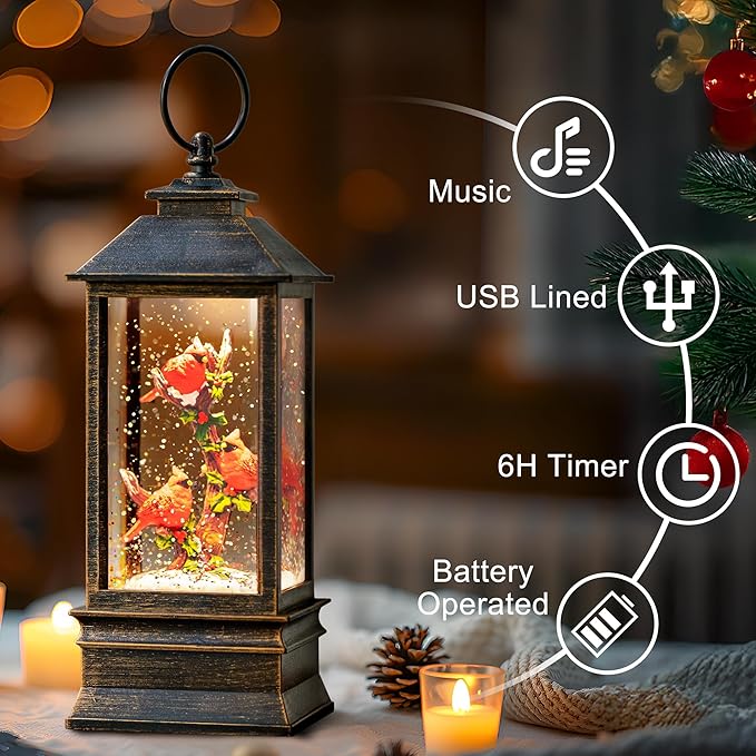 10" Snow Globe Lights, Shimmering Music Box, USB and Battery Powered Christmas Decorations Gift (Three Cardinals)