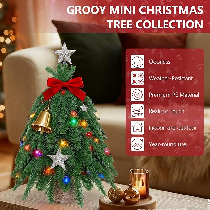 20IN Small Mini Christmas Tree for Tabletop, 1PC Artificial Desktop Christmas Tree with Norfolk Pine Top Design, Small Xmas Tree with Burlap Base for Table Desk Home Christmas Decor