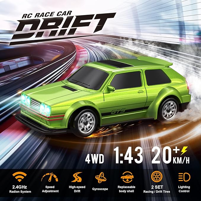 1/43 Mini RC Drift Car with Gyroscope, 4WD Full Proportional RC Car, 2.4GHZ Hobby Grade Remote Control Cars, RTR Model Vehicle, 20+KM/H High Speed for Hobbyists Kids Adults (Green)