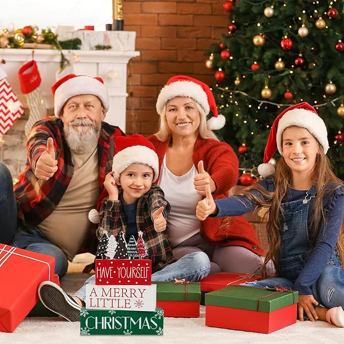 4 Pcs Christmas Table Decor Christmas Tree Wooden Table Decorations Winter Tiered Tray Decor christmas Centerpieces Rustic Decorative Tree Block Signs Gift Xmas table Sign for Home kitchen Shelf