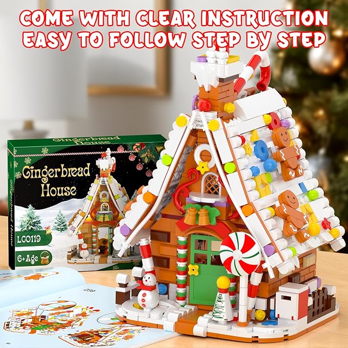 Gingerbread House Building Set with Light Kit, Large Christmas Village Gingerbread House Compatible with Legos Christmas Sets, Inspired Stocking Stuffer or Holiday Decor for Kids or Adults(916PCS)