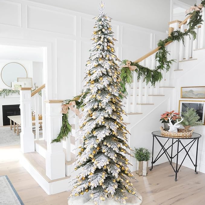 Glitzhome 11ft Pre-Lit Flocked Pencil Spruce Artificial Christmas Tree Chicago Frostwood Spruce with 700 Warm White Lights for Home, Office, Party Decoration