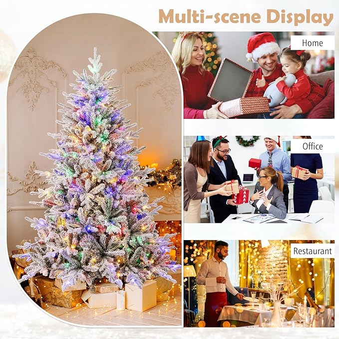 GOFLAME 6ft Pre-Lit Christmas Tree Snow Flocked, Hinged Artificial Xmas Tree with 820 Branch Tips, 260 Multi-Color LED Lights, 8 Lighting Modes, Holiday Decoration Tree for Home Office Party