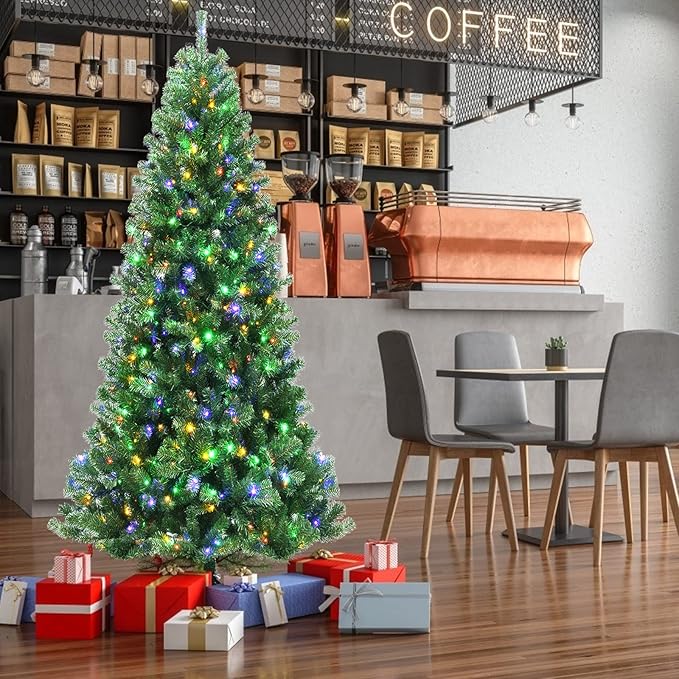 GOFLAME 8ft Artificial Christmas Tree, Pre-lit Xmas Tree 9 Lighting Modes w/ 1605 PVC Branch Tips & 600 Color-Changing LED Lights, Holiday Festival Decoration Tree with Remote Control and Metal Stand